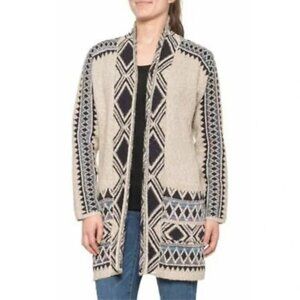 Lucky Brand Tribal Aztec Cardigan Sweater Women Size M Open Front Pockets Tan